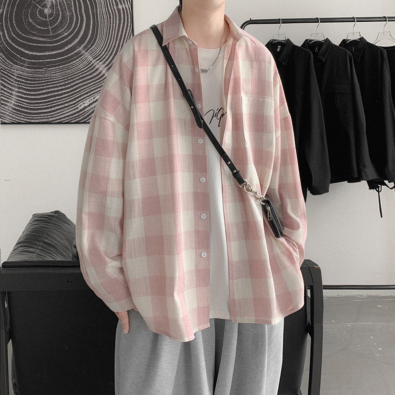 Camisa a cuadros estilo coreano Primavera de los hombres ins juventud camisa de manga larga 2021 suelta moda guapo abrigo del todo fósforo