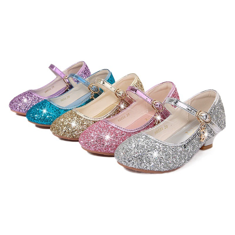 Детские туфли на высоком каблуке женская обувь новая мода студенческая серебряная блестка