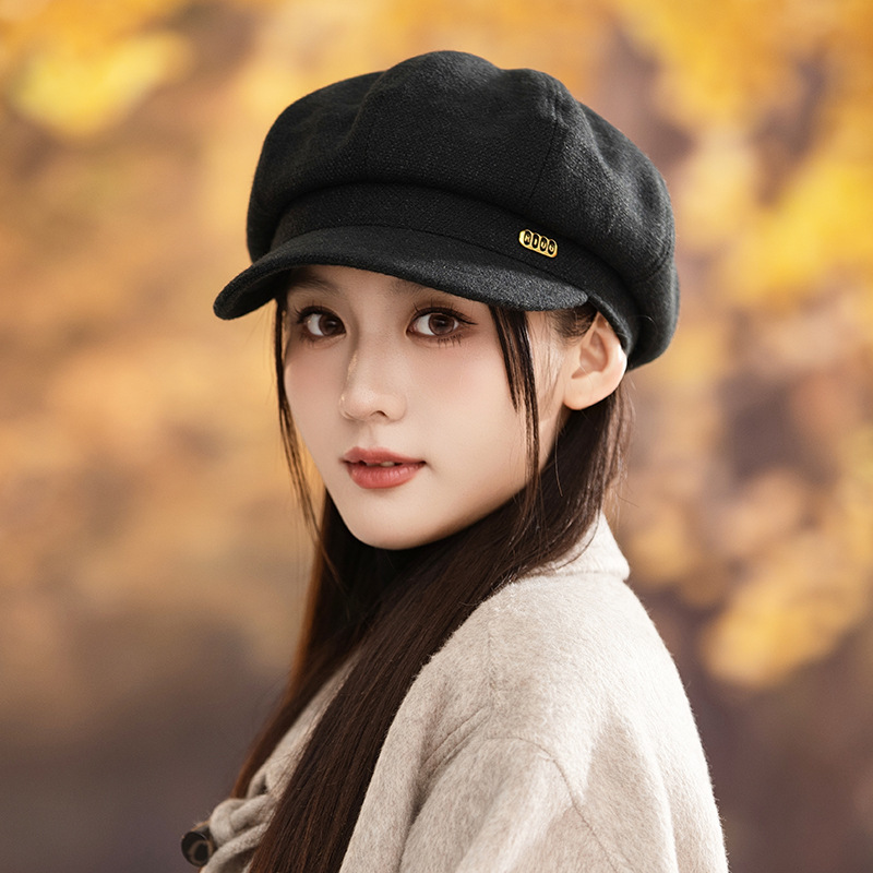 新款显脸小平顶鸭舌帽英伦风秋冬女士鸭舌帽八角帽女贝雷报童帽子|undefined