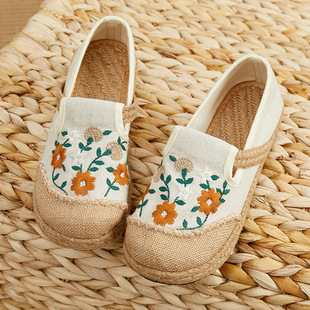 2025 Spring Embroidered Shoes Flat Heel Low-Top Embroidered Shallow Mouth Casual Shoes Literary Modern Style Women's Shoes Linen Casual Shoes