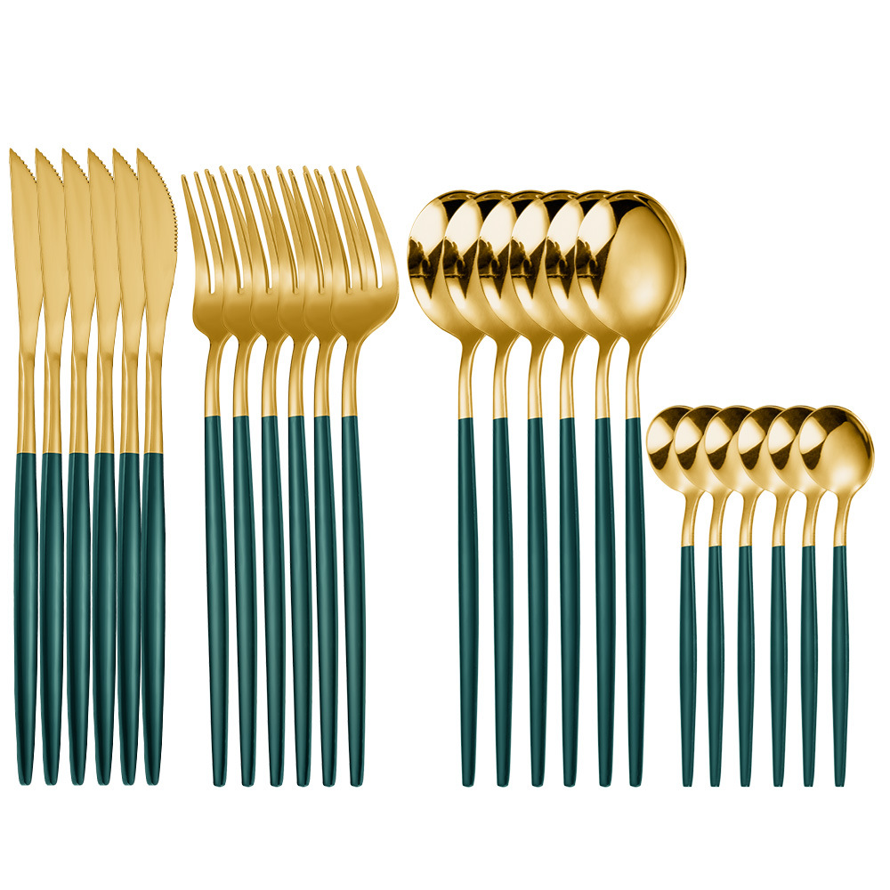En stock de acero inoxidable chapado en oro vajilla occidental de cuatro piezas principales cuchillo, tenedor y cuchara suministro transfronterizo conjunto de 24 piezas traje de vajilla portuguesa