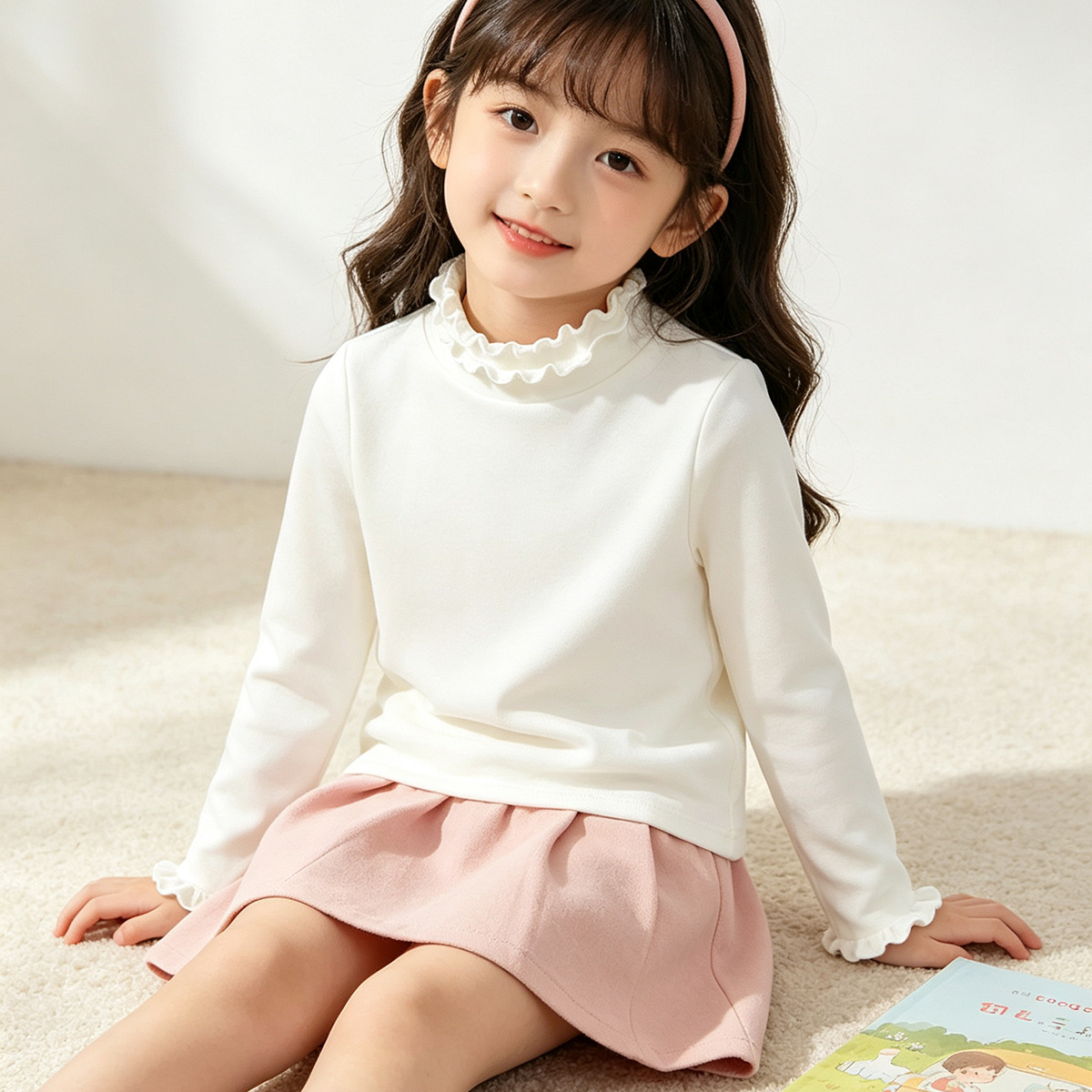 Girls' cotton long-sleeved half-turtleneck base layer top for autumn and winter, baby fine brushed T-shirt