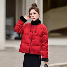 新中式风红色短款羽绒服女2025冬季新款毛领盘扣白鸭绒保暖外套