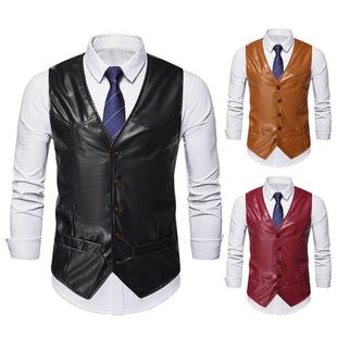 Autumn and Winter new PU vest men's Amazon popular European and American fashion retro men's vest V-neck casual leather vest