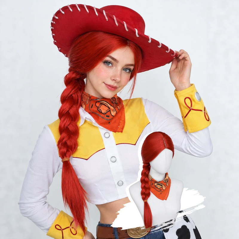 Toy Story 4 Jessie anime wig, Jessie COS red braided wig, middle-parted red wig
