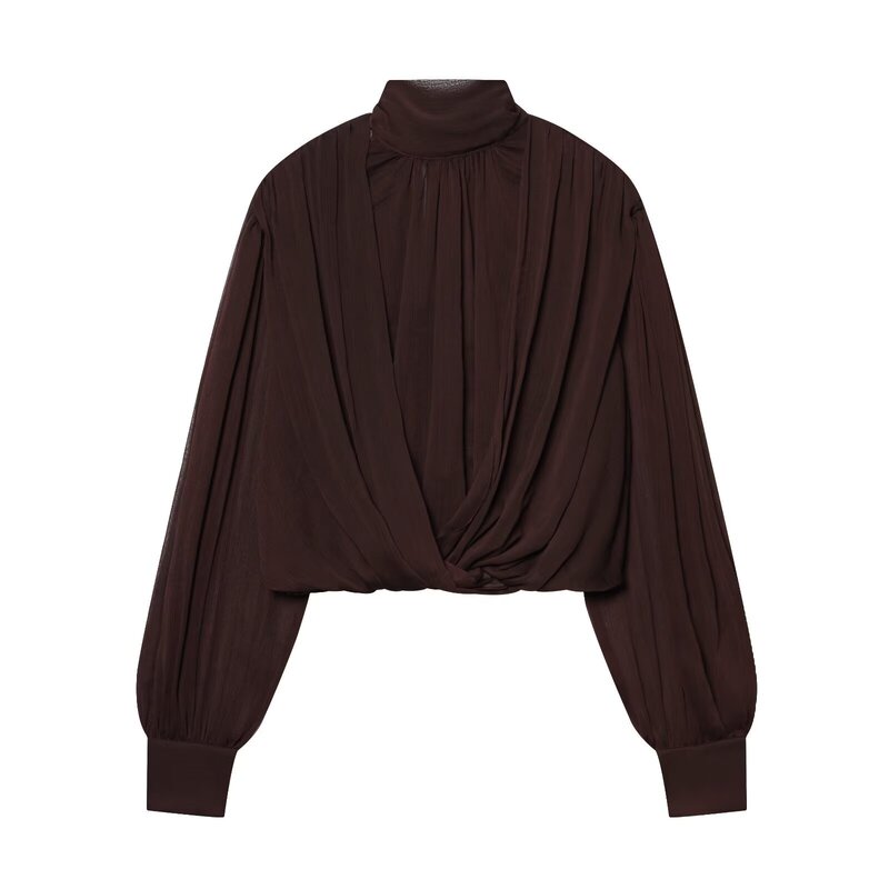 Foreign Trade Wholesale Spring New European and American Style Women's Pleated Semi-Transparent Balloon-Style Long-Sleeve Shirt Top Foreign Trade Wholesale Spring New European and American Style Women's Pleated Semi-Transparent Balloon-Style Long-Sleeve Shirt Top