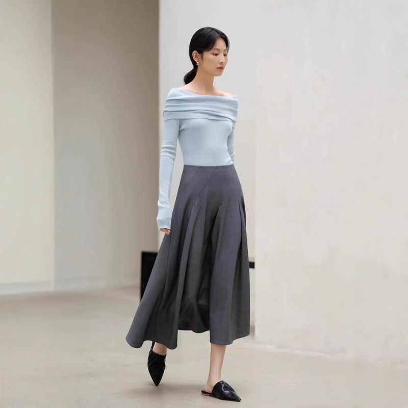 Wool Blended White Off-shoulder Sweater Women's Autumn Thin New Slim-fit High-end Top