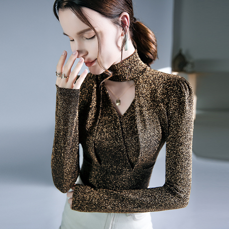 Fu Sheng Ji Liang Silk Long Sleeve Autumn and Winter New Hanging Neck Top with Base Shirt Western European Style Small Shirt Fu Sheng Ji Liang Silk Long Sleeve Autumn and Winter New Hanging Neck Top with Base Shirt Western European Style Small Shirt
