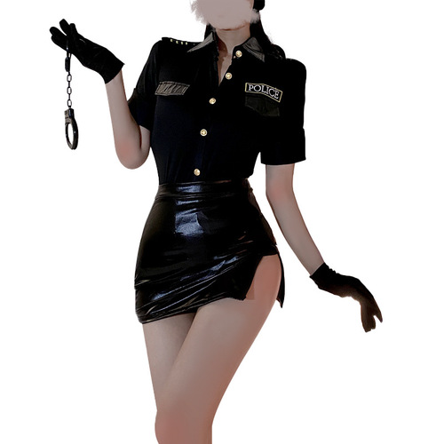 Xianyi sexy lingerie stewardess uniform sexy nightclub policewoman patent leather passionate open file no need to take off clothes large size 486