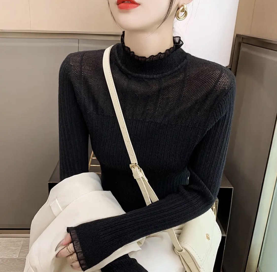 2023 otoño e invierno nuevas mujeres slim fit encaje hueco suéter interior medio cuello alto camisa de fondo para mujeres image 8