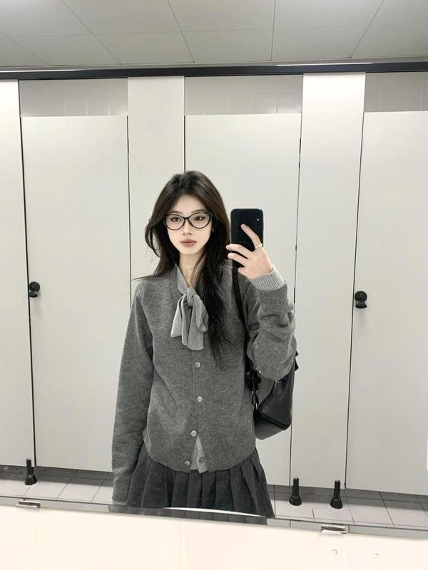 灰色穿搭假两件蝴蝶结针织衫上衣女开衫秋冬新款高级感毛衣外套|undefined