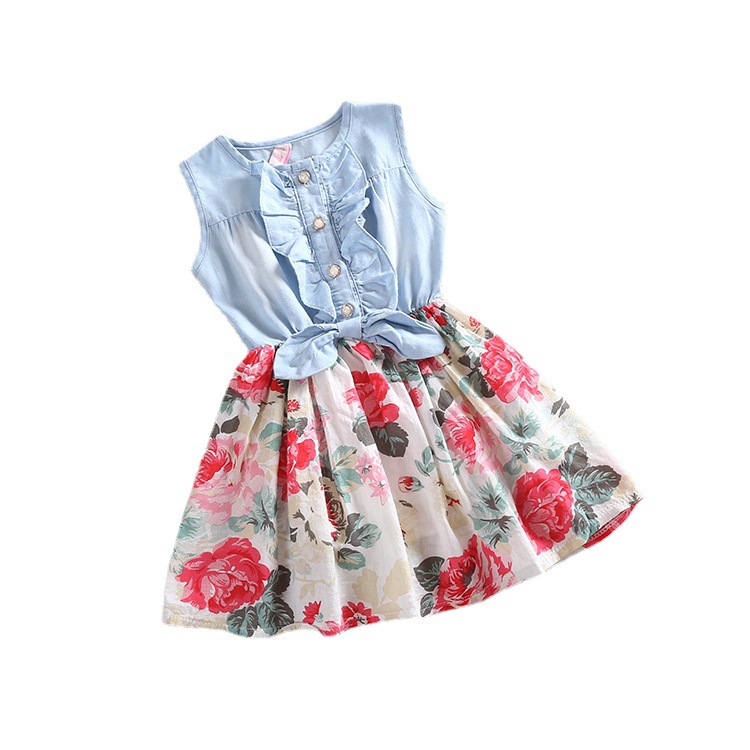 Summer Children Sleeveless Girl Denim Floral Dressesitching Skirt
