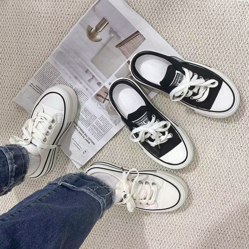 Summer Thick Heel Lift Slides for Women Slip-On Fashion Half-Drift Casual Canvas Shoes