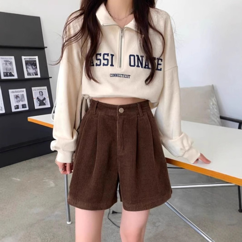 Corduroy Suit Shorts Women's Autumn and Winter New Coffee High Waist A- Shaped Wide-Leg Pants Small Casual Boots Pants for Women