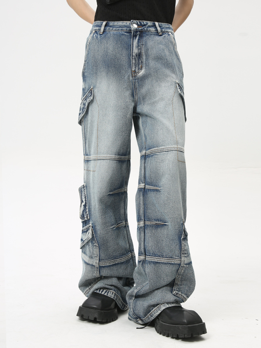 MTLCLOTHES para hombre | 2024 verano nuevo producto American Heavy Industries deconstruido multibolsillos pantalones vaqueros de trabajo de pierna ancha