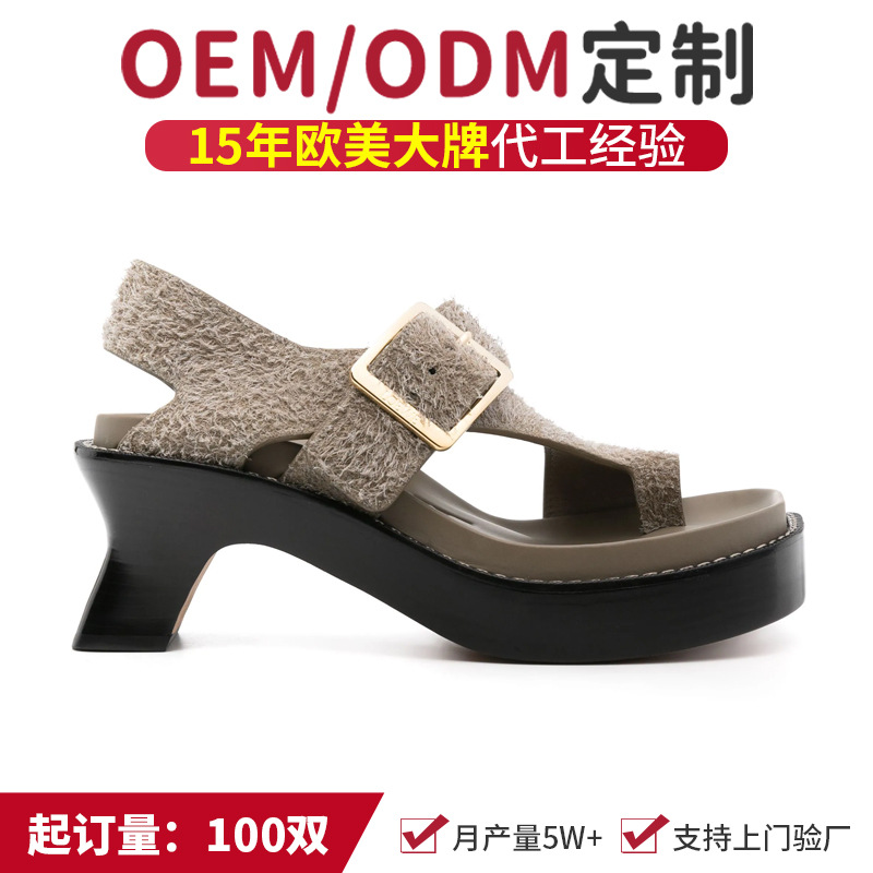 ODM定制金属罗马凉鞋女 粗跟防水台徽标露趾高跟鞋外贸女鞋厂家