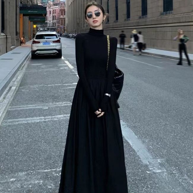 高级感赫本洋气连衣裙女2025秋季新款韩版显瘦过膝打底内搭长裙子|undefined