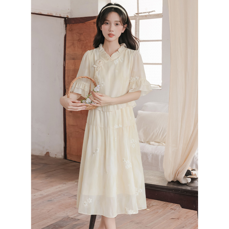 Women's Clothing Thirteen Lines New Improved Chinese Style Mid-Length Skirt Literary Retro Age-Reducing Slimming Sweet Fake Two-Piece Dress