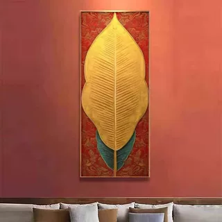 东南亚泰式风格大叶有成玄关装饰画金色树叶酒店挂画会所禅意壁画