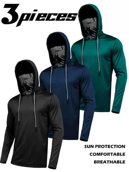 Men's Quick-Drying Hooded Sweatshirt, Sun Protection, Breathable, Sports Long-Sleeved Fitness Outdoor Fishing Clothing, Cross-Border Trendy Style
