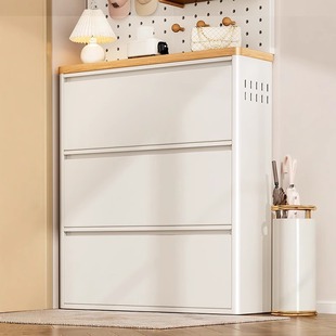 Ultra-Thin Steel Tipping Bucket Shoe Cabinet for Home Entrance, Ultra-Narrow Integrated Wall-Mounted Entrance Hall Sandwich Large-Capacity Shoe Rack