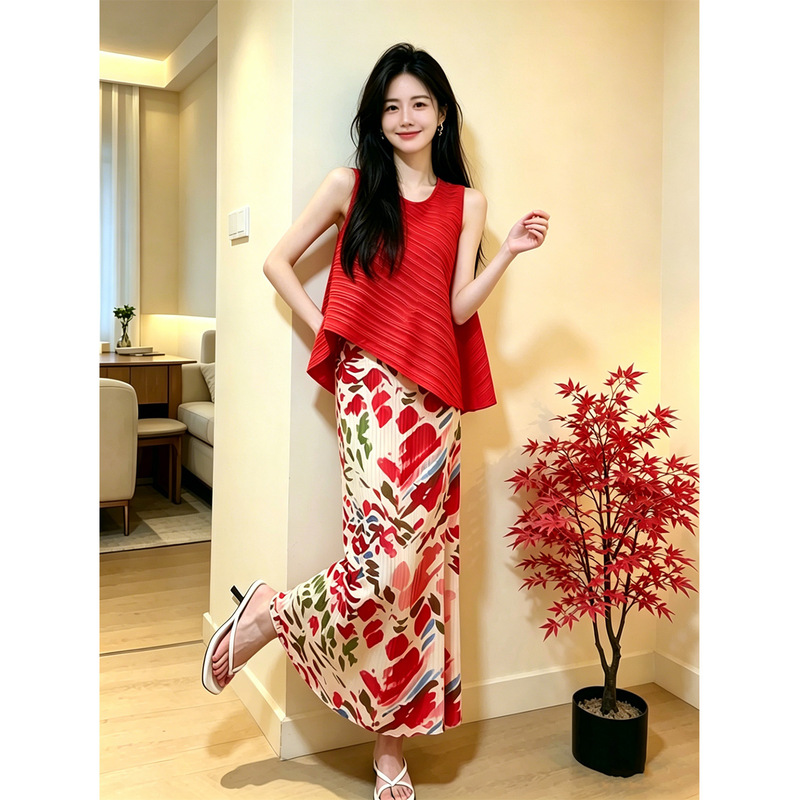 Miyake 2024 Summer Korean Style Sweet Wear Women's Loose Slant suit Vest Top Floral Pleated Overskirt Miyake 2024 Summer Korean Style Sweet Wear Women's Loose Slant suit Vest Top Floral Pleated Overskirt