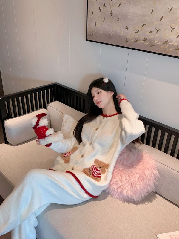 可爱小熊撞色学院风半边绒家居服开衫女装2025新款宽松睡衣可外穿|undefined