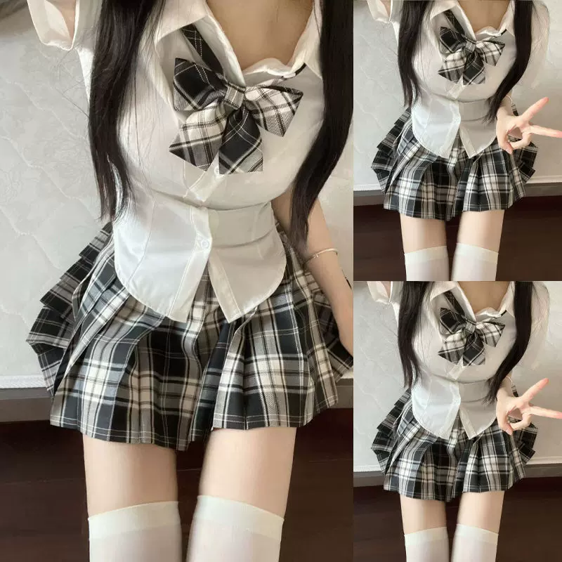 原创jk制服套装女学生校服纯欲风衬衫收腰显瘦JK衬衣百褶裙两件套