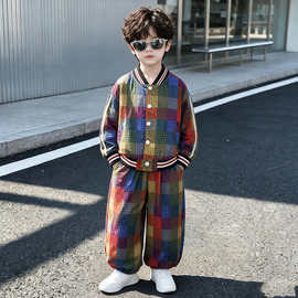 男童春秋复古格纹两件套2026新款中大童棒球服外套休闲儿童套装