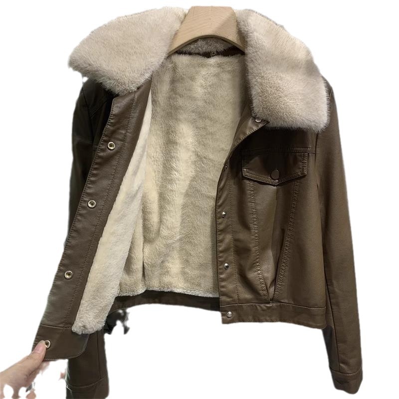 Women's Clothing Plush Leather Jacket, Women's Fur Collar Short Jacket, Pu Leather Motorcycle Suit_voghion.com