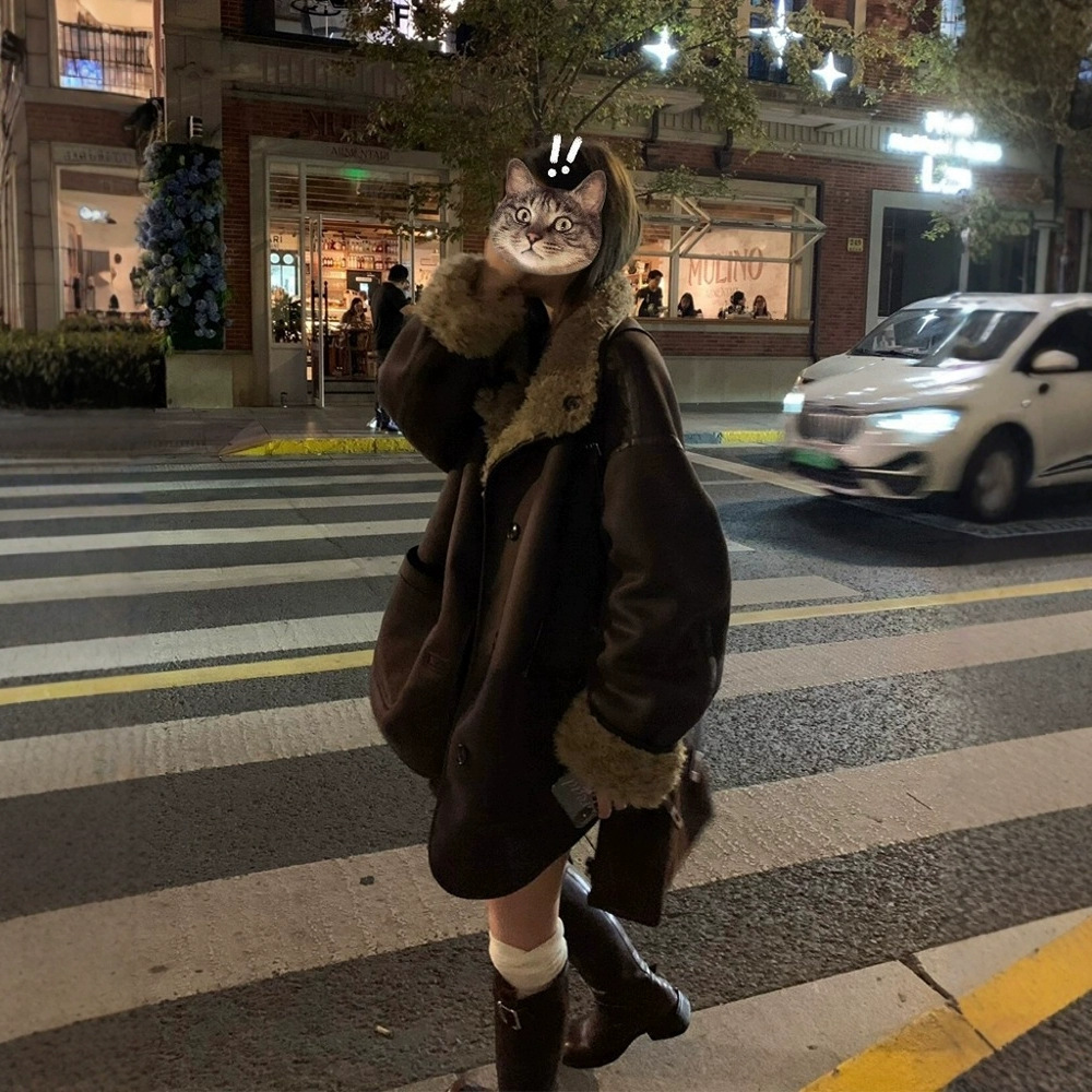 Reversible lamb wool coat for women, mid-length, loose fit, fleece-lined, motorcycle-style cotton coat, high-end warm coat.