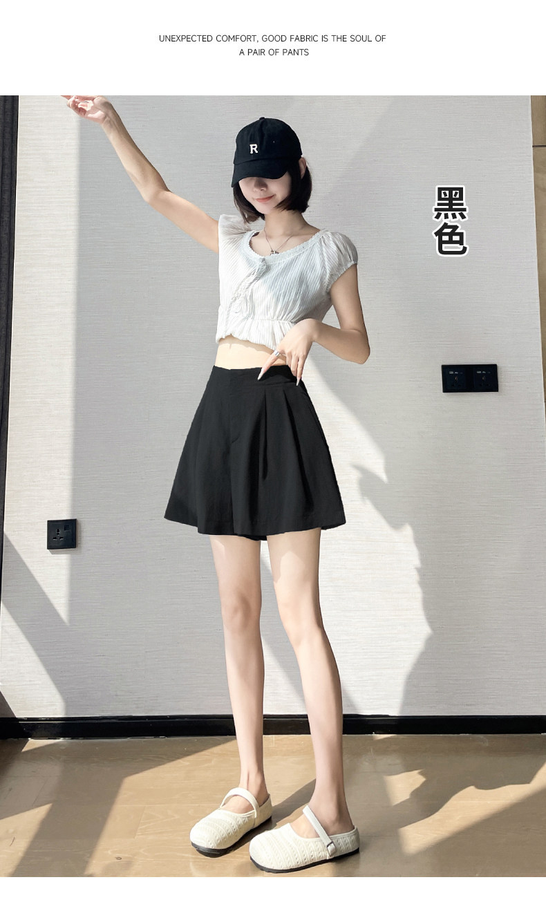 Quần short nữ vải lanh cạp cao ống rộng dáng suông mùa hè — màu đen chi tiết 28
