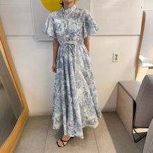 韩国chic夏日新品法式复古立领水墨晕染抽绳收腰飞飞袖雪纺连衣裙