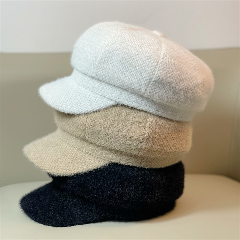 European and American Trendy New Chenille Octagonal Hat Duck Tongue Hat Women's Versatile Autumn and Winter Hat Warm Solid Color Pumpkin Beret_voghion.com