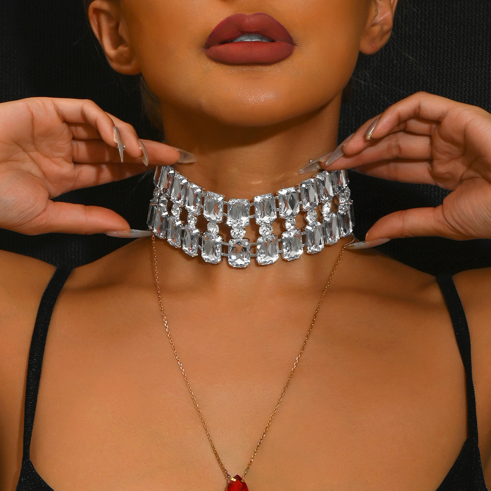 跨境新款誇張多層頸鏈閃亮水鑽項鍊氣質飾品女necklace