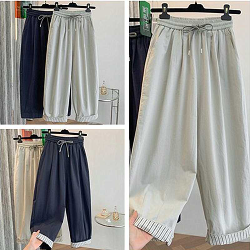 Real shot of the new spring/summer Korean-style loose-fitting slimming design wide-leg pants with contrasting color and rolled edges