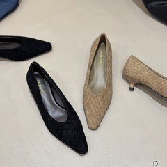 欧洲站女鞋25秋简约时尚柔软编织羊猄皮方头浅口舒适低跟工作单鞋