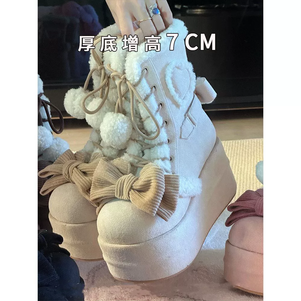 Милые мягкие туфли в стиле Лолиты, зимние туфли в стиле Лолиты, зимние сапоги, обувь для девочек, теплая обувь на толстой подошве, увеличивающая рост