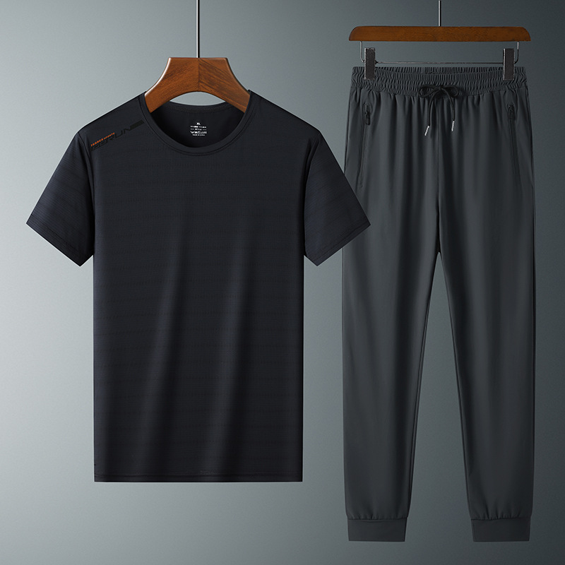 Moda pantalones de seda de hielo cuello redondo Camiseta de dos piezas para hombres talla grande suelta de secado rápido traje deportivo LOGO se puede formular