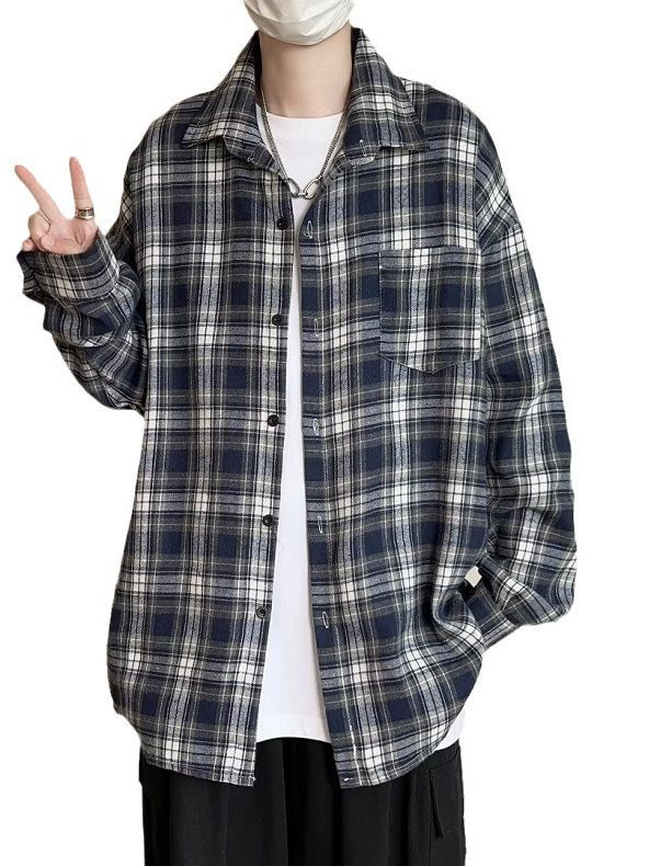 Camisa a cuadros japonesa de manga larga para hombres otoño nueva moda versátil juvenil casual ropa de trabajo suelta camisa chaqueta