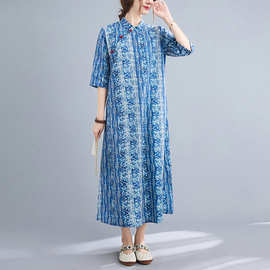 春夏季新款中式复古气质盘扣中国风改良旗袍蜡染茶服中袖连衣裙女