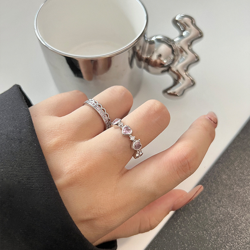 Pink Love Ring Women's Ins Light Luxury Niche Design Sense Stackable Double Crown Ring Opening Adjustable