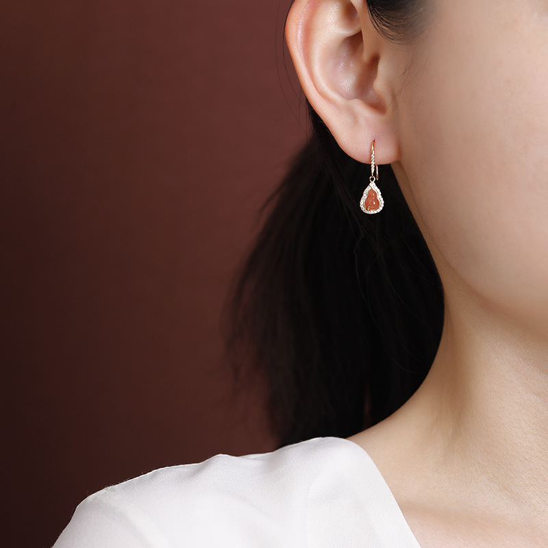 Bông tai bạc S925 đính đá ngọc Hetian Jasper hình bầu lá tre siêu lấp lánh — Phong cách nước đỏ