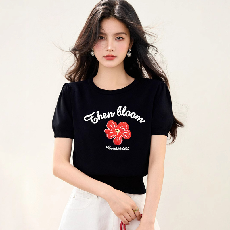 R8076 Letter Flower Summer New Versatile Happy Jacquard Round Neck Short-Sleeved Knitwear Petite Women's Ins