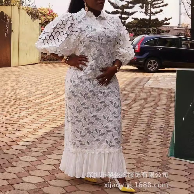 Amazon Cross-Border Trade European and American Style Commuter Plus-Size Women's Clothing Lace Embroidery Loose Shirt Long Dress Amazon Cross-Border Trade European and American Style Commuter Plus-Size Women's Clothing Lace Embroidery Loose Shirt Long Dress