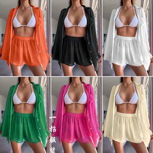 2023 Women's New Sexy Loose Beach Blouse Sun Protection Clothing suit Casual Bikini Blouse Short Sleeve