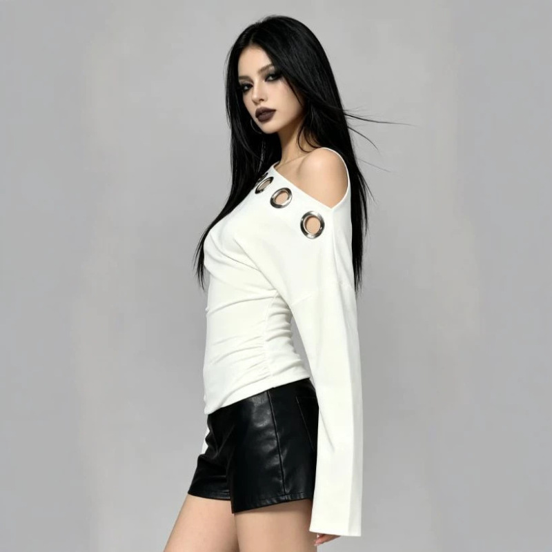 Hot Girl Style One-Shoulder Metal Ring Hollow-Out Long-Sleeve Top, Slim Fit, Ruched Design, Base Shirt, T-Shirt