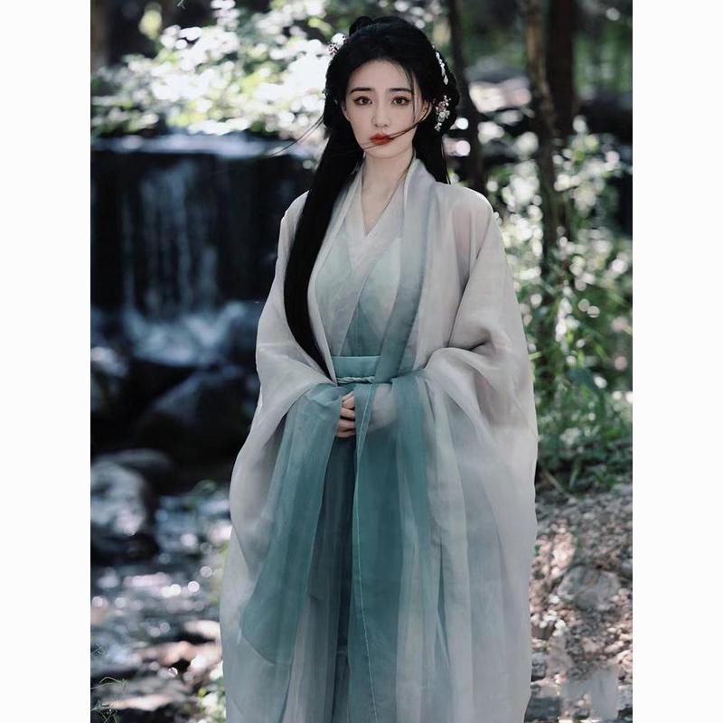 徐璐同款汉服女魏晋南北朝古装清冷感大袖衫交领齐腰襦裙广袖套装|undefined