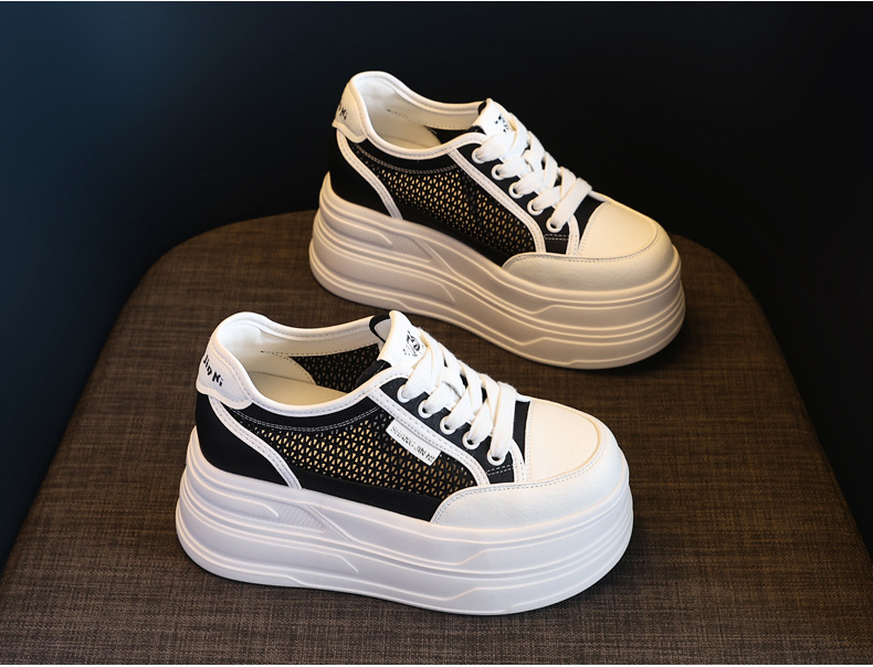 Giày sneaker nữ đế dày tăng chiều cao, mặt lưới thoáng khí, phong cách bánh xốp — Màu đen chi tiết 7