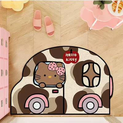 Cute Kitty Silk Loop Doormat for Entryway, Dirt-Scraping Foot Mat, Stain-Resistant Non-Slip Mat, Customizable Entry Door Mat (Avtomobil döşəmə paspasları) - cute-black-leather-kitty-driving-4060cm-silk-circle